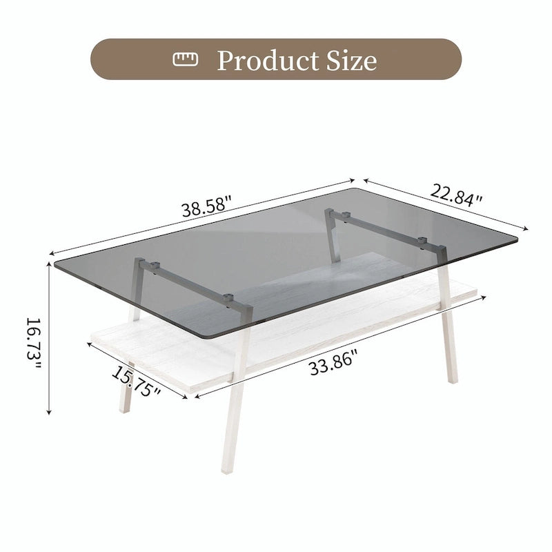 Table basse rectangulaire moderne multicolore avec plateau en verre trempé et pieds en métal