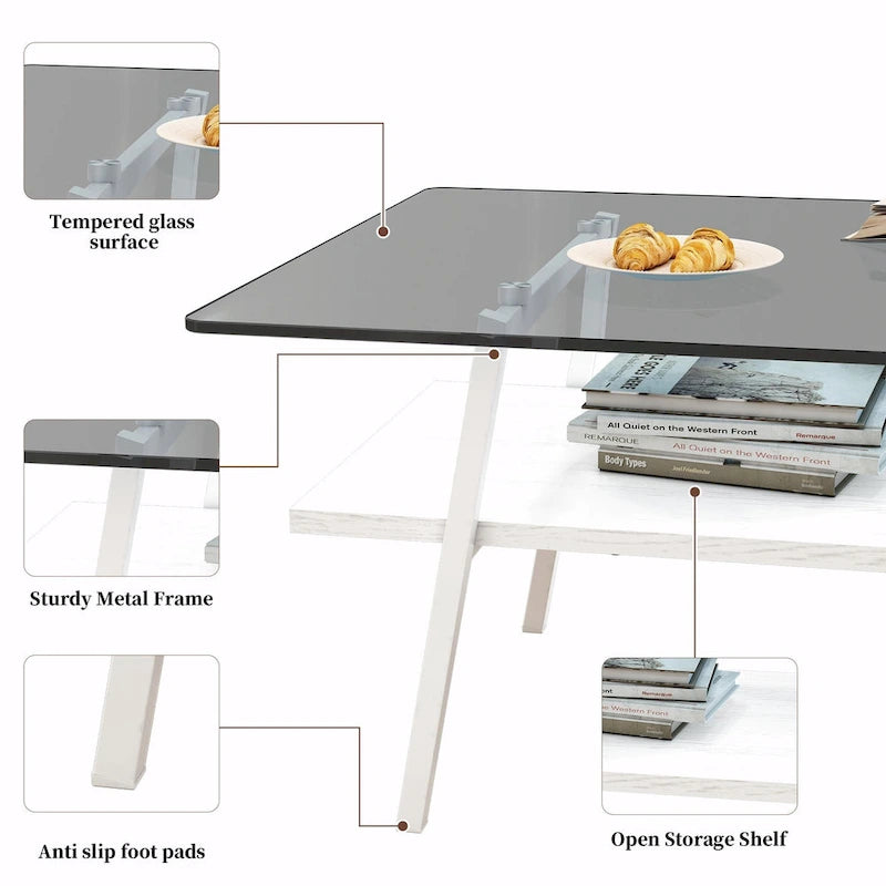 Table basse rectangulaire moderne multicolore avec plateau en verre trempé et pieds en métal