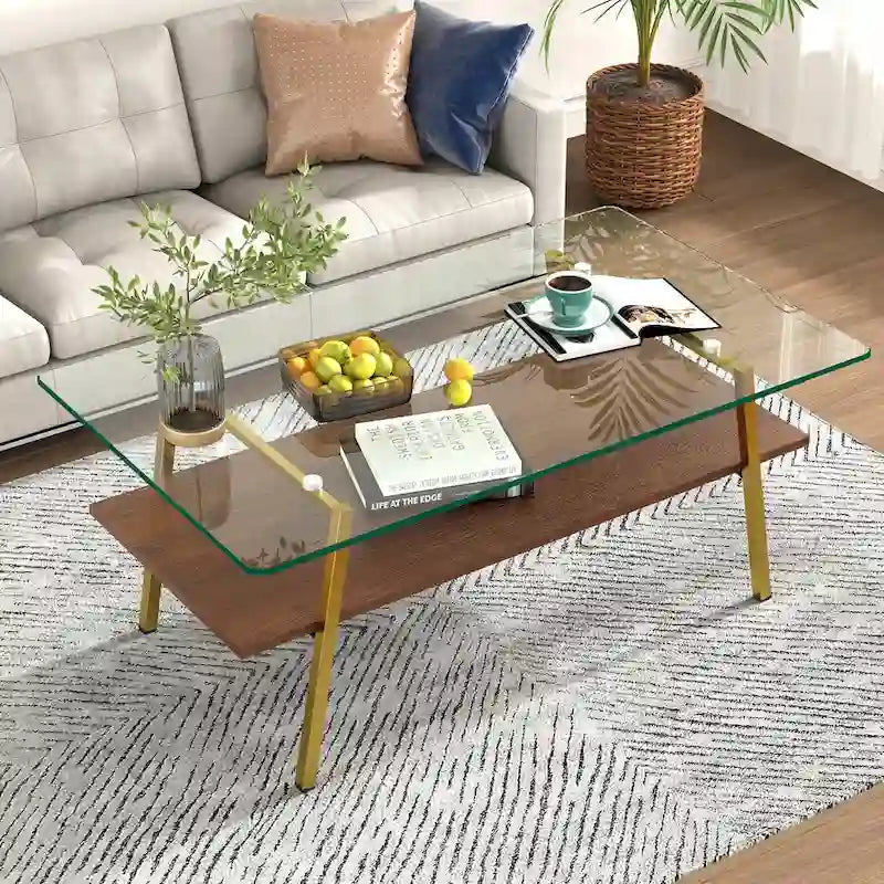Table basse rectangulaire moderne multicolore avec plateau en verre trempé et pieds en métal