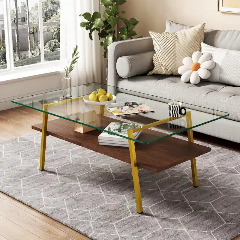 Table basse rectangulaire moderne multicolore avec plateau en verre trempé et pieds en métal