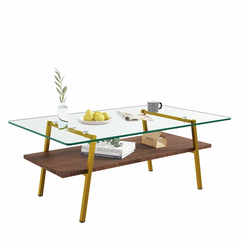 Table basse rectangulaire moderne multicolore avec plateau en verre trempé et pieds en métal