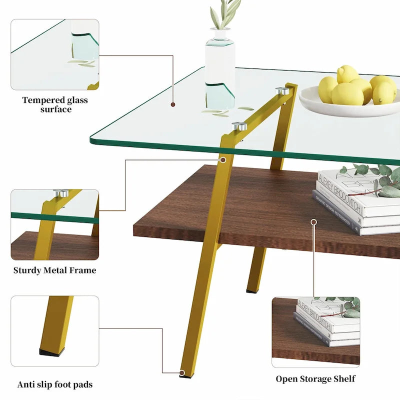 Table basse rectangulaire moderne multicolore avec plateau en verre trempé et pieds en métal