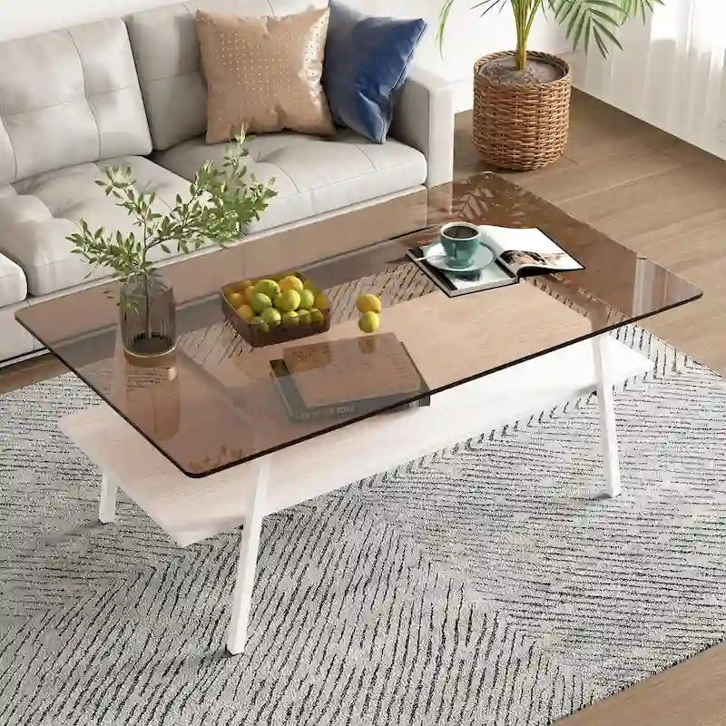 Table basse rectangulaire moderne multicolore avec plateau en verre trempé et pieds en métal