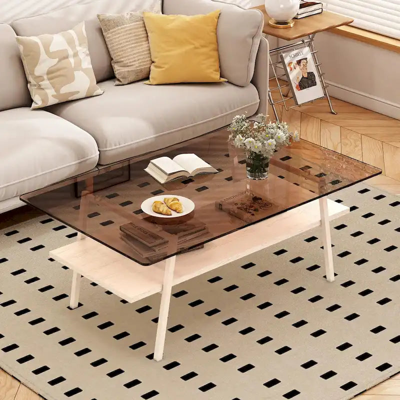 Table basse rectangulaire moderne multicolore avec plateau en verre trempé et pieds en métal