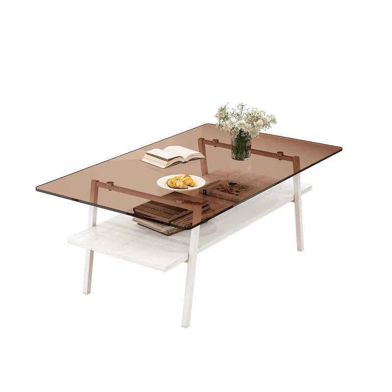 Table basse rectangulaire moderne multicolore avec plateau en verre trempé et pieds en métal