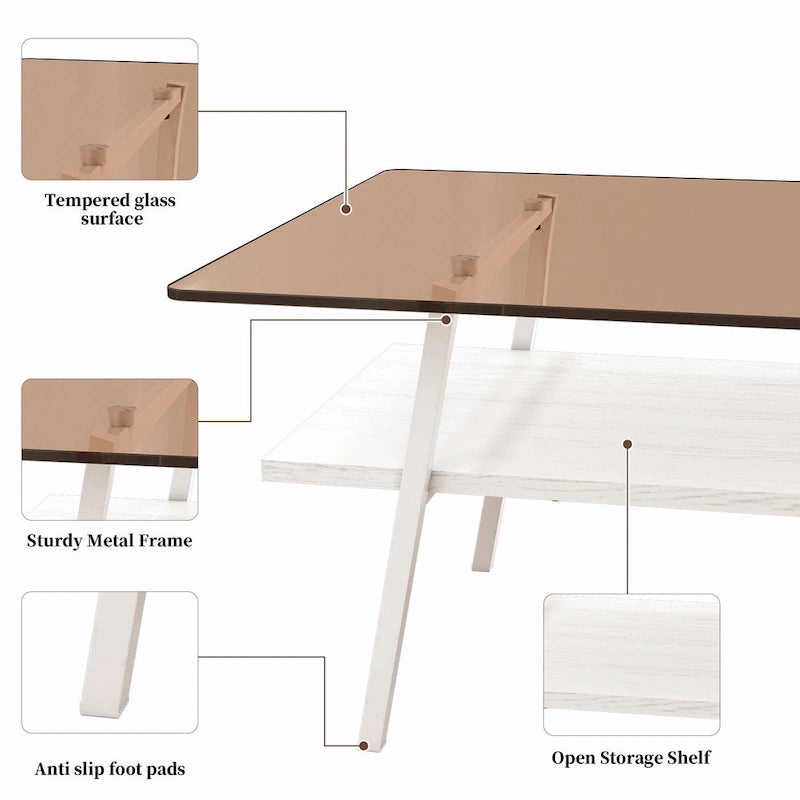 Table basse rectangulaire moderne multicolore avec plateau en verre trempé et pieds en métal