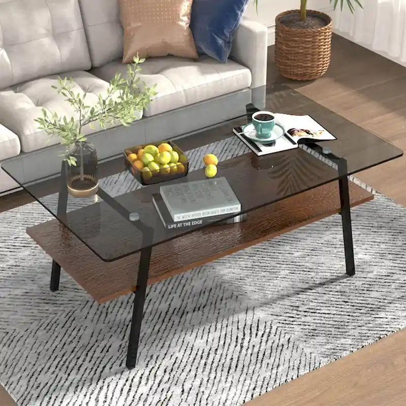 Table basse rectangulaire moderne multicolore avec plateau en verre trempé et pieds en métal