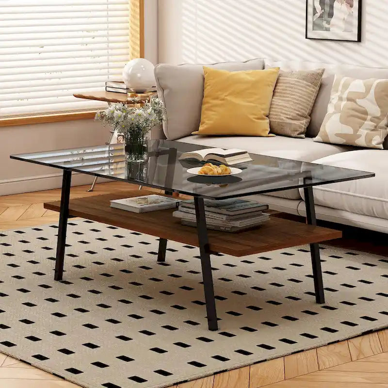 Table basse rectangulaire moderne multicolore avec plateau en verre trempé et pieds en métal
