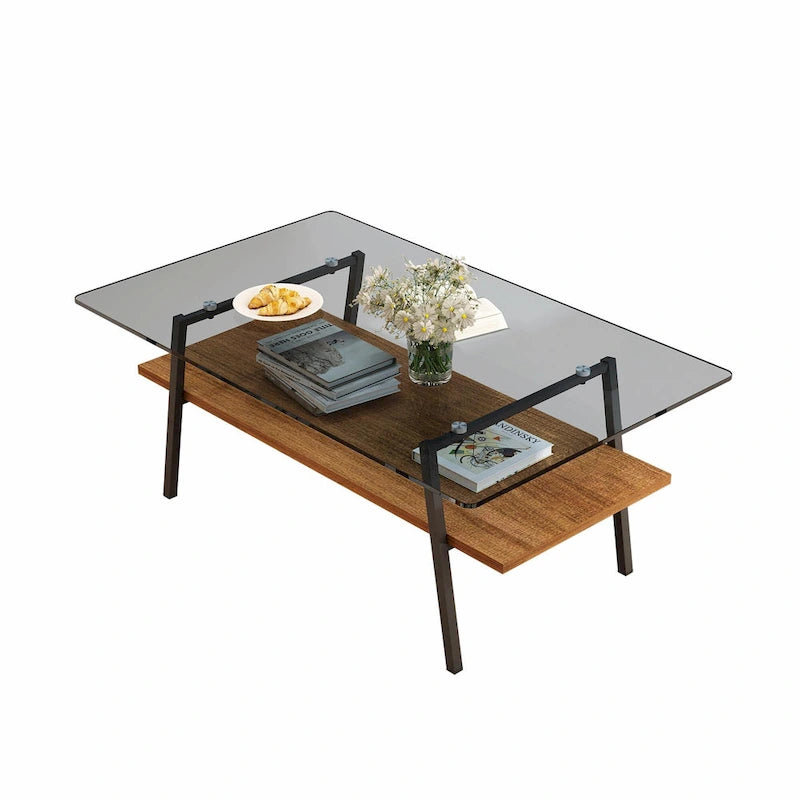 Table basse rectangulaire moderne multicolore avec plateau en verre trempé et pieds en métal