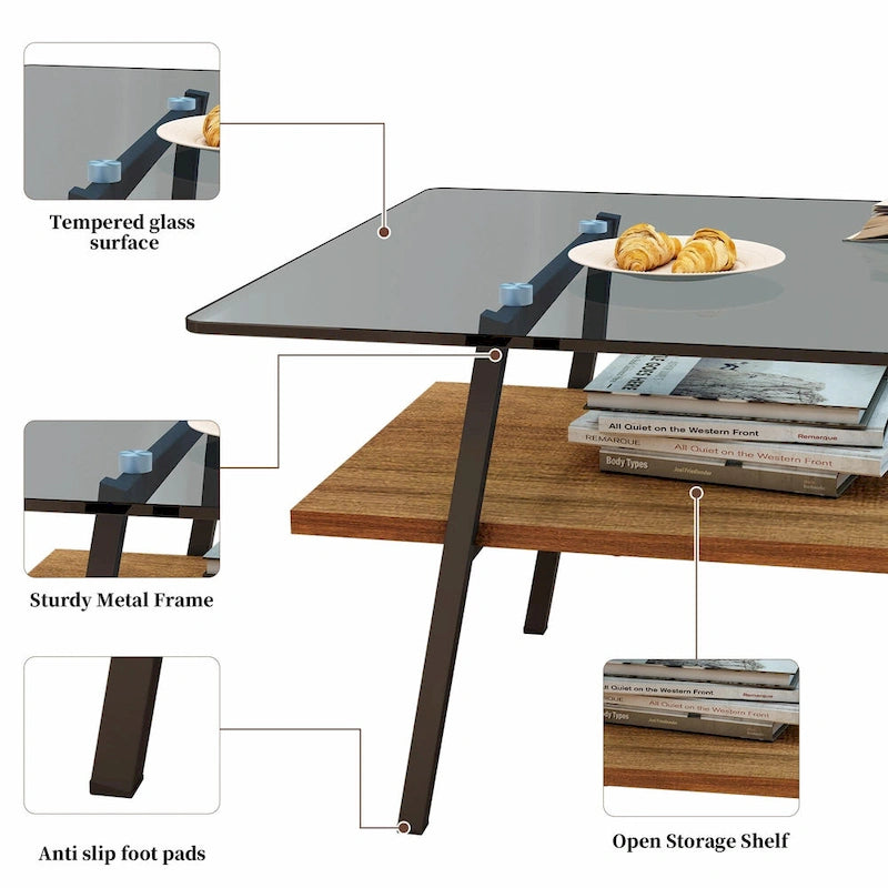 Table basse rectangulaire moderne multicolore avec plateau en verre trempé et pieds en métal