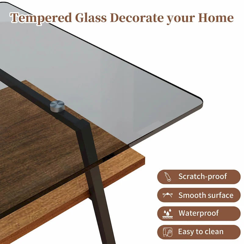 Table basse rectangulaire moderne multicolore avec plateau en verre trempé et pieds en métal