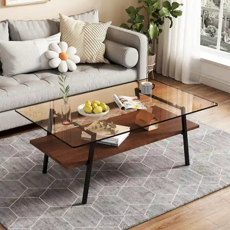 Table basse rectangulaire moderne multicolore avec plateau en verre trempé et pieds en métal