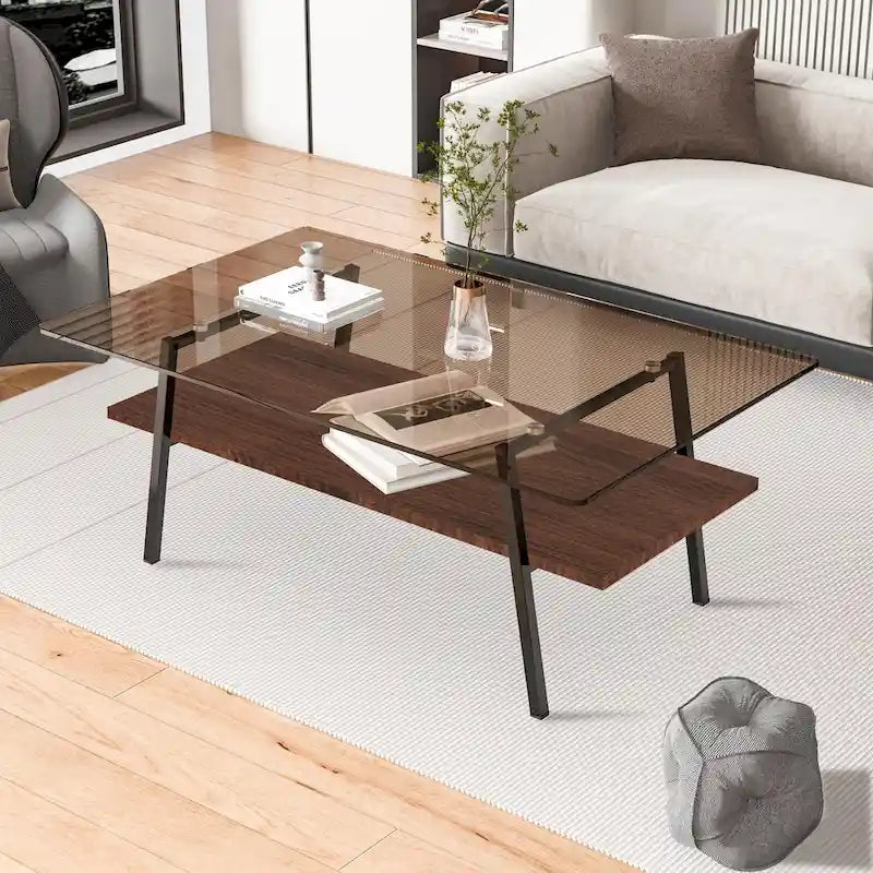 Table basse rectangulaire moderne multicolore avec plateau en verre trempé et pieds en métal