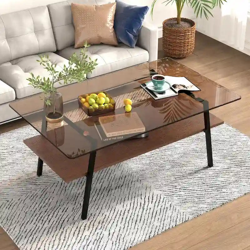 Table basse rectangulaire moderne multicolore avec plateau en verre trempé et pieds en métal