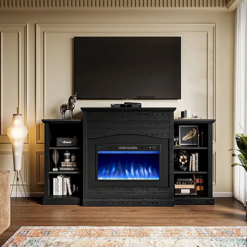 Meuble TV avec cheminée électrique blanc/noir avec manteau et 6 compartiments ouverts – Convient aux téléviseurs jusqu'à 65 po