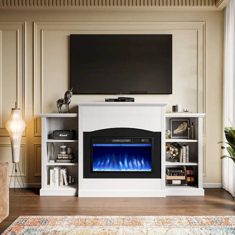 Meuble TV avec cheminée électrique blanc/noir avec manteau et 6 compartiments ouverts – Convient aux téléviseurs jusqu'à 65 po