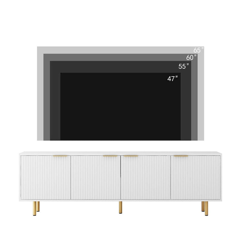 Meuble TV cannelé blanc de 68 po avec rangement à 4 portes et pieds dorés - Convient aux téléviseurs jusqu'à 79 po