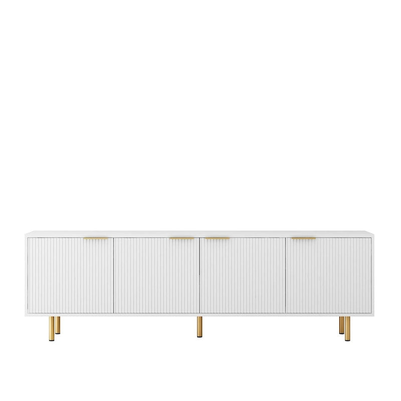 Meuble TV cannelé blanc de 68 po avec rangement à 4 portes et pieds dorés - Convient aux téléviseurs jusqu'à 79 po