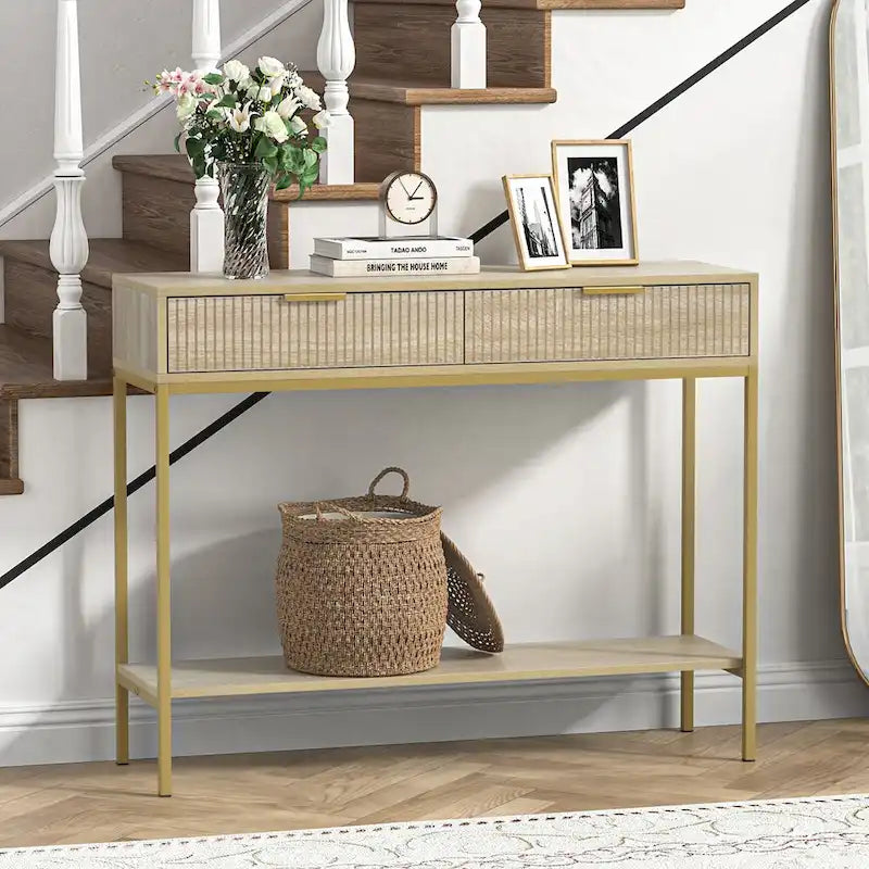 Console d'entrée Oak Striped avec 2 tiroirs et étagère ouverte - Pieds en métal doré