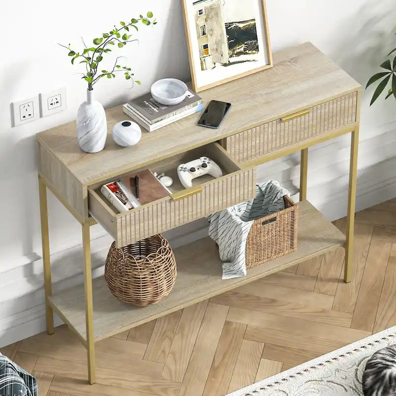 Console d'entrée Oak Striped avec 2 tiroirs et étagère ouverte - Pieds en métal doré