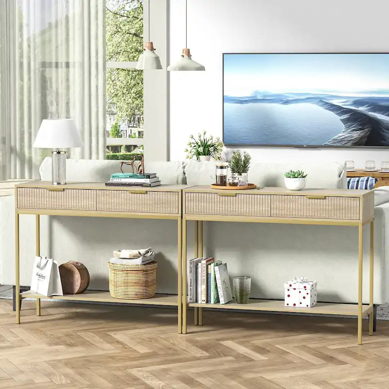 Console d'entrée Oak Striped avec 2 tiroirs et étagère ouverte - Pieds en métal doré