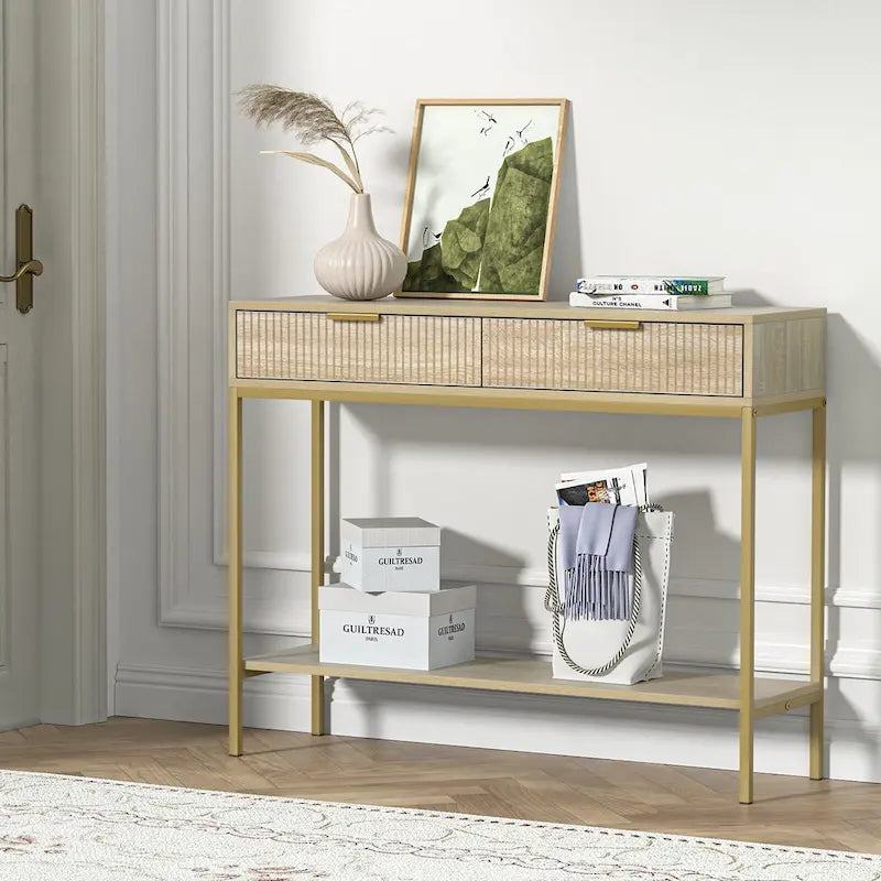 Console d'entrée Oak Striped avec 2 tiroirs et étagère ouverte - Pieds en métal doré