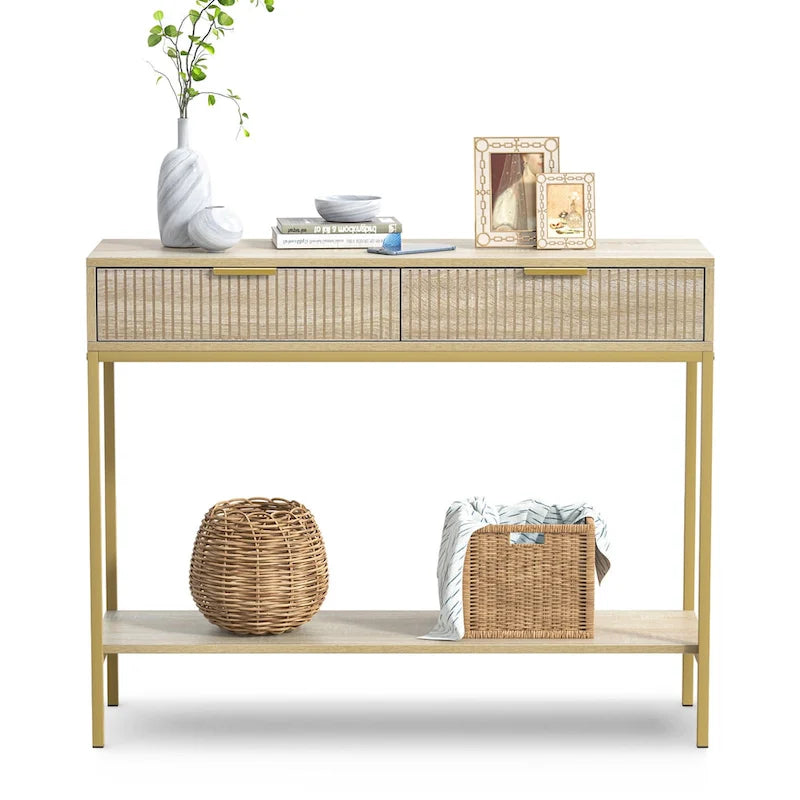 Console d'entrée Oak Striped avec 2 tiroirs et étagère ouverte - Pieds en métal doré