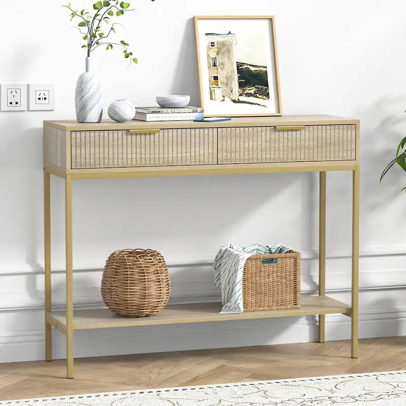 Console d'entrée Oak Striped avec 2 tiroirs et étagère ouverte - Pieds en métal doré