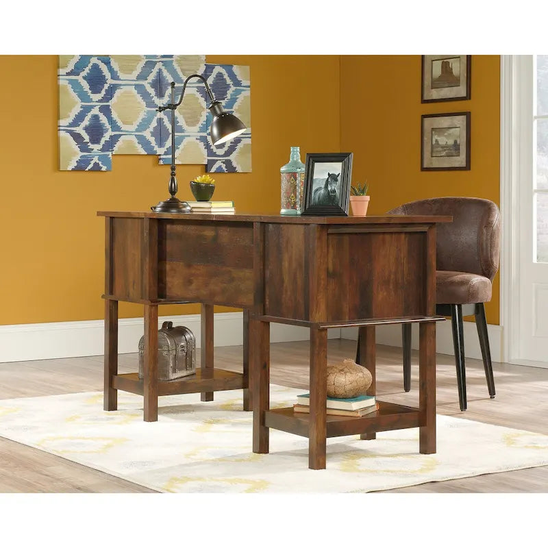 Bureau avec 2 tiroirs classeurs et étagères latérales, Chêne Glacier, style d'inspiration latine, 1 personne