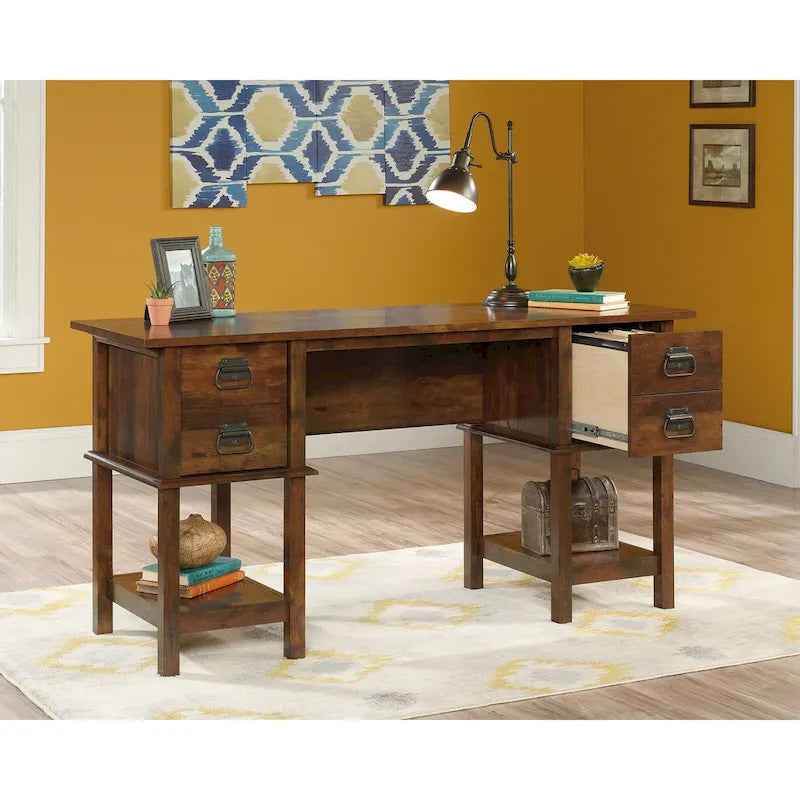 Bureau avec 2 tiroirs classeurs et étagères latérales, Chêne Glacier, style d'inspiration latine, 1 personne