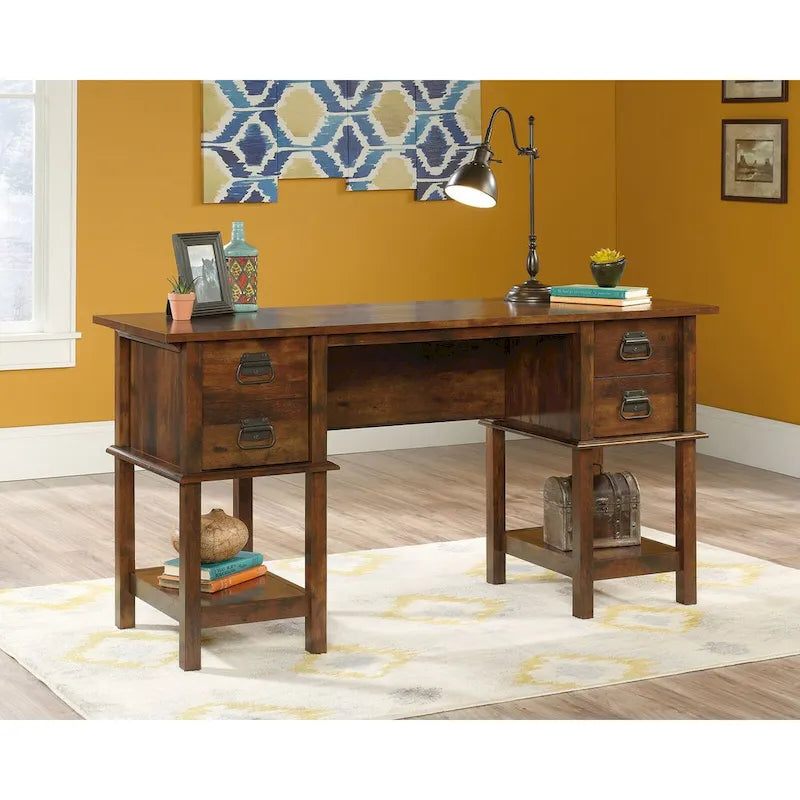 Bureau avec 2 tiroirs classeurs et étagères latérales, Chêne Glacier, style d'inspiration latine, 1 personne