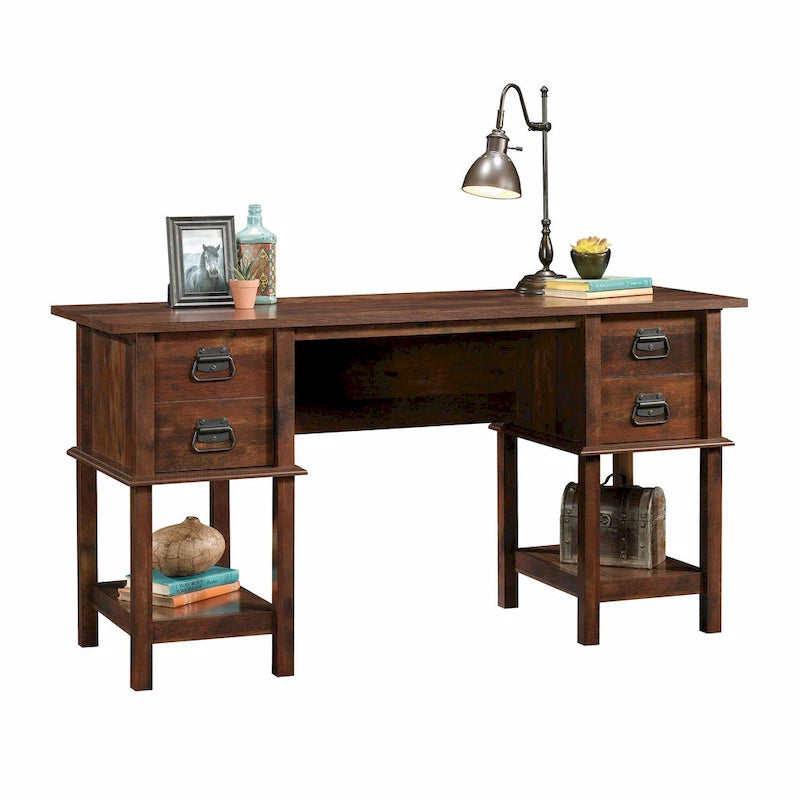Bureau avec 2 tiroirs classeurs et étagères latérales, Chêne Glacier, style d'inspiration latine, 1 personne