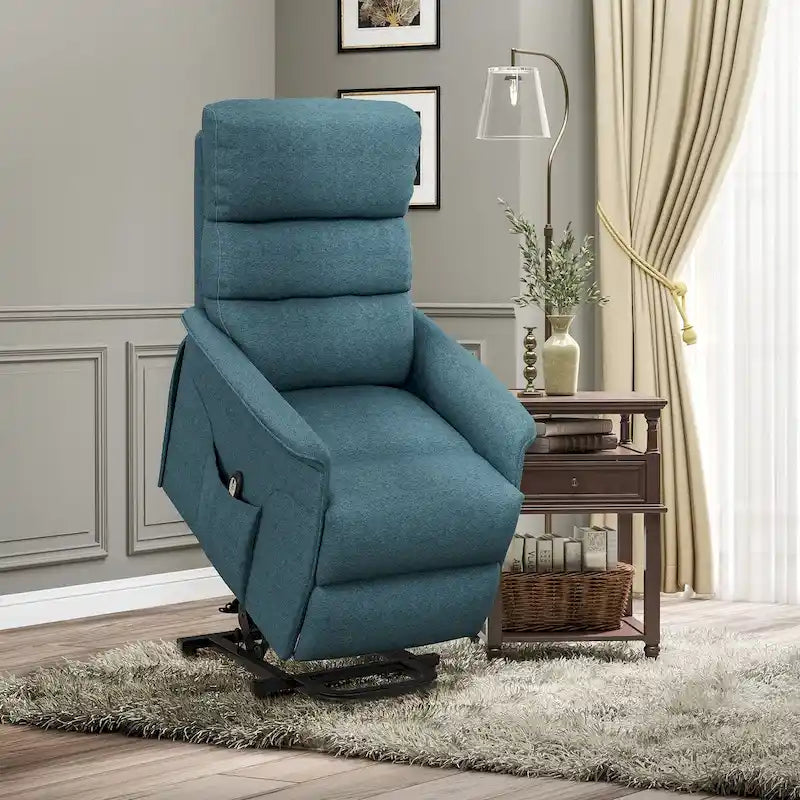Fauteuil inclinable releveur beige/bleu avec télécommande – 1 place