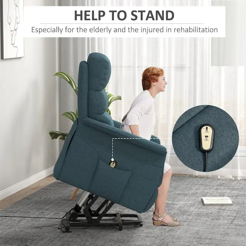 Fauteuil inclinable releveur beige/bleu avec télécommande – 1 place
