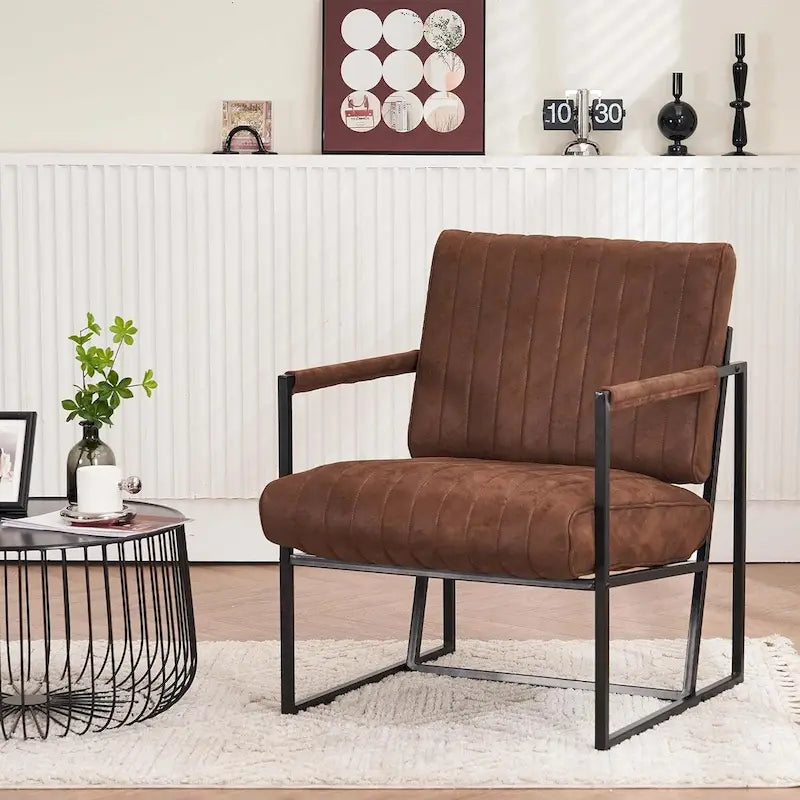 Fauteuil d'appoint en tissu Leathaire marron/noir/bleu-gris avec cadre en métal noir - 1 place
