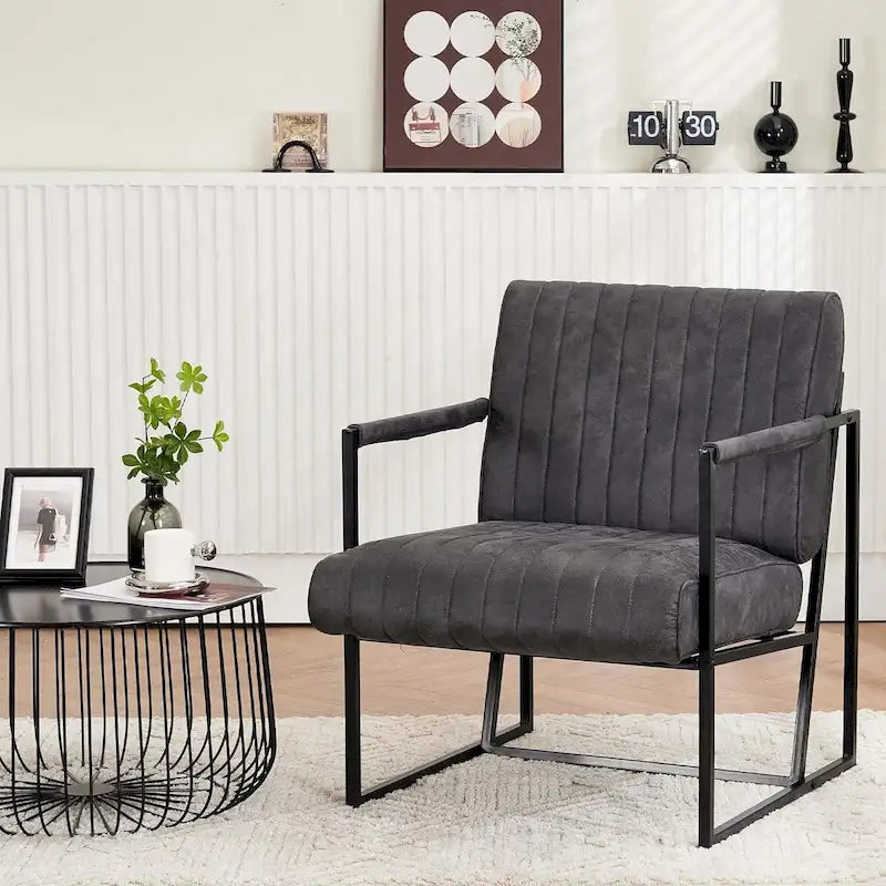 Fauteuil d'appoint en tissu Leathaire marron/noir/bleu-gris avec cadre en métal noir - 1 place