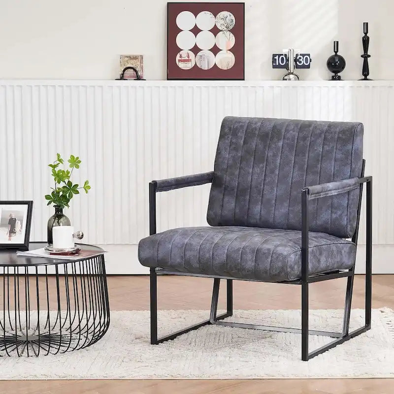 Fauteuil d'appoint en tissu Leathaire marron/noir/bleu-gris avec cadre en métal noir - 1 place
