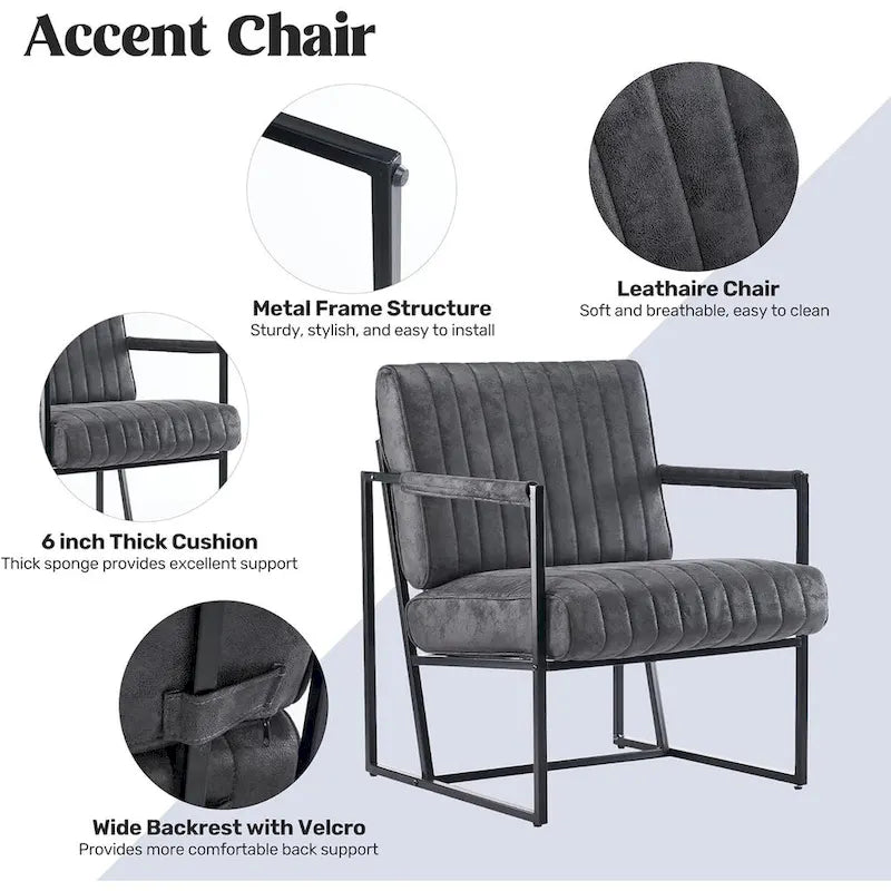Fauteuil d'appoint en tissu Leathaire marron/noir/bleu-gris avec cadre en métal noir - 1 place