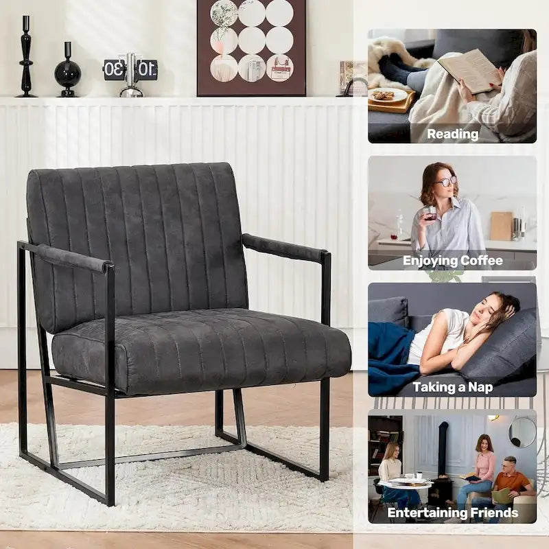 Fauteuil d'appoint en tissu Leathaire marron/noir/bleu-gris avec cadre en métal noir - 1 place