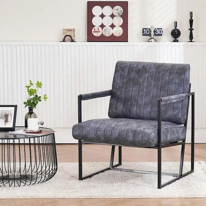 Fauteuil d'appoint en tissu Leathaire marron/noir/bleu-gris avec cadre en métal noir - 1 place