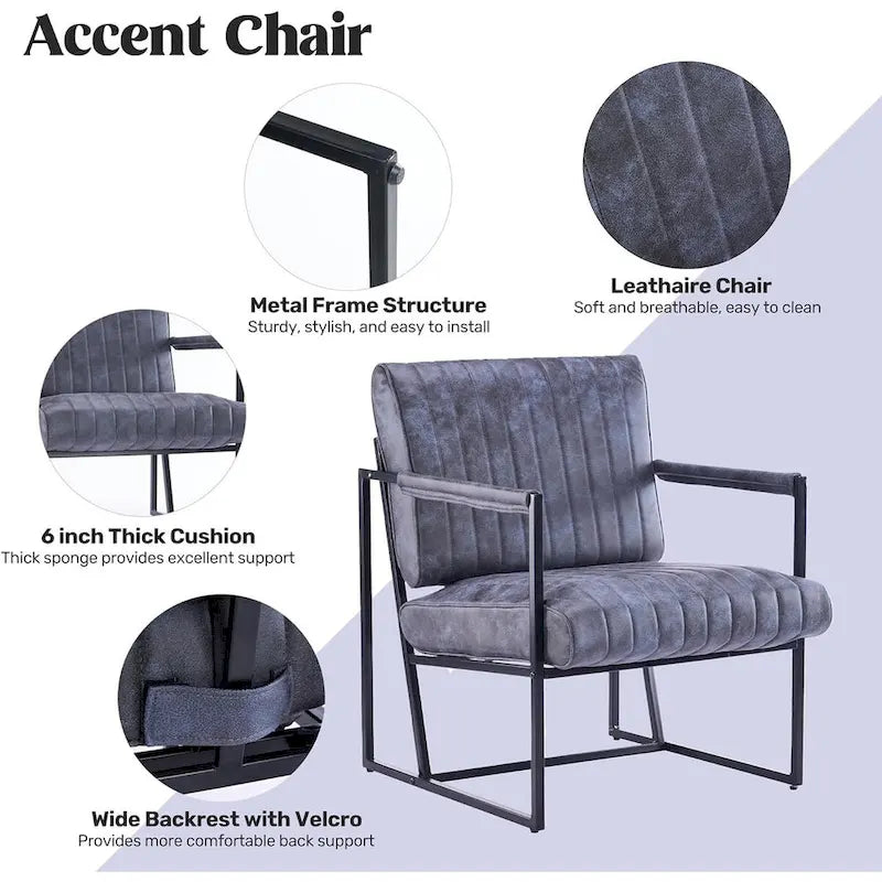 Fauteuil d'appoint en tissu Leathaire marron/noir/bleu-gris avec cadre en métal noir - 1 place