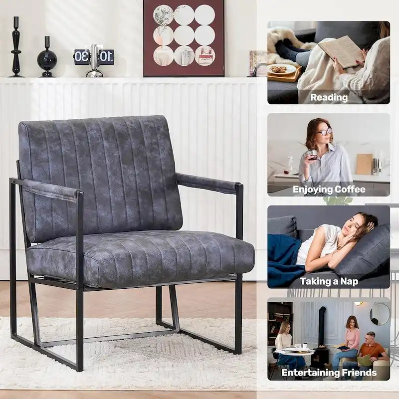 Fauteuil d'appoint en tissu Leathaire marron/noir/bleu-gris avec cadre en métal noir - 1 place