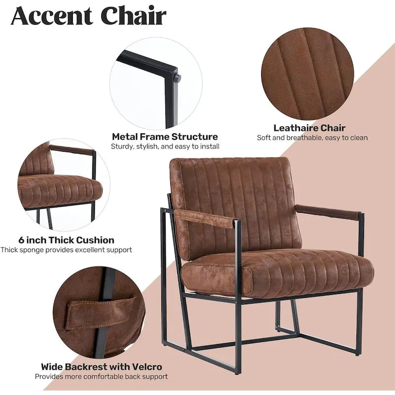 Fauteuil d'appoint en tissu Leathaire marron/noir/bleu-gris avec cadre en métal noir - 1 place