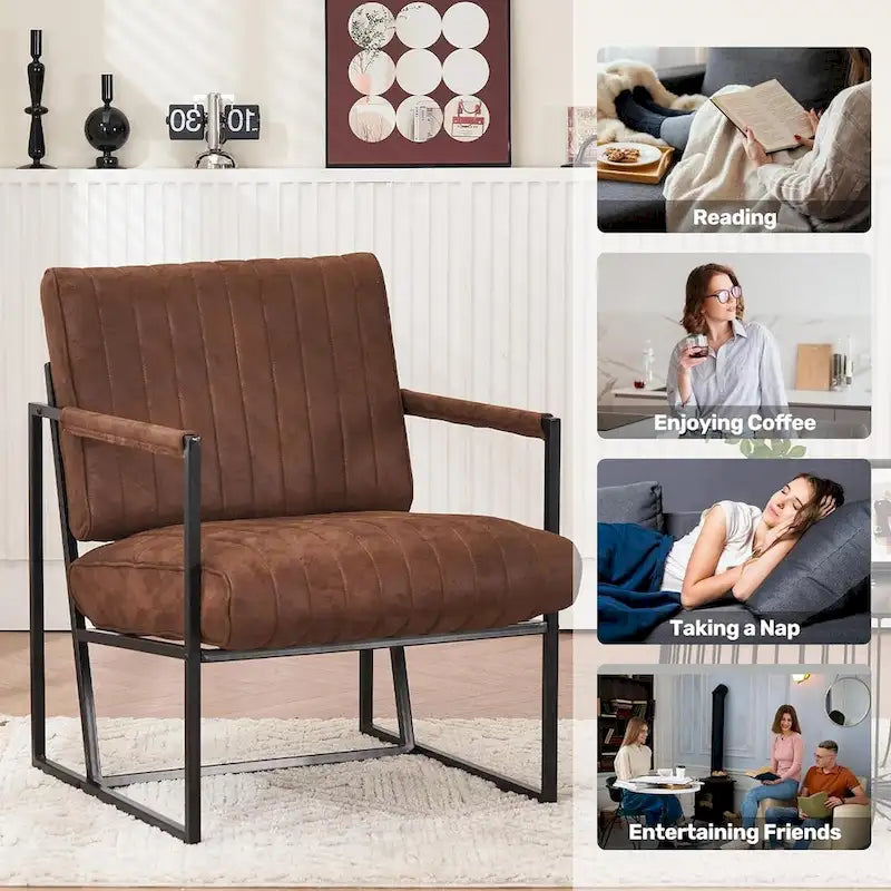 Fauteuil d'appoint en tissu Leathaire marron/noir/bleu-gris avec cadre en métal noir - 1 place