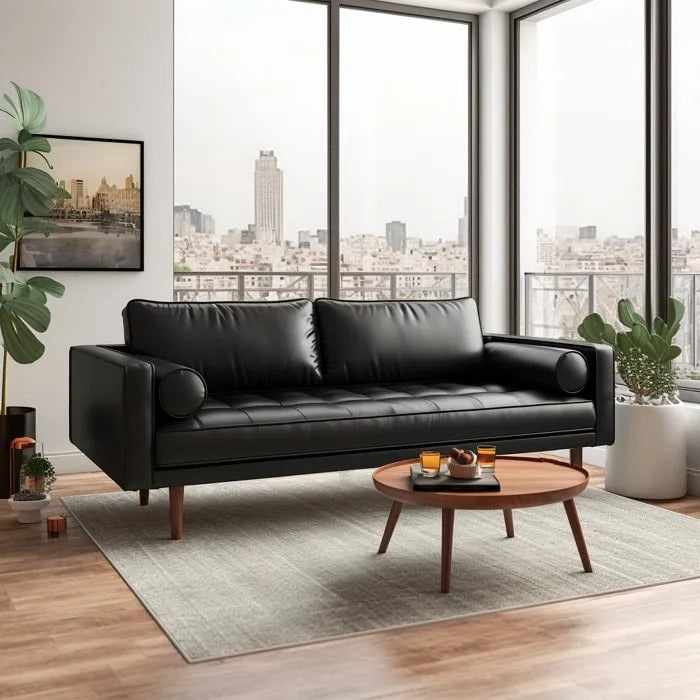 Canapé 3 places en similicuir noir/blanc/marron/gris de style Mid-Century, avec accoudoirs carrés et pieds coniques