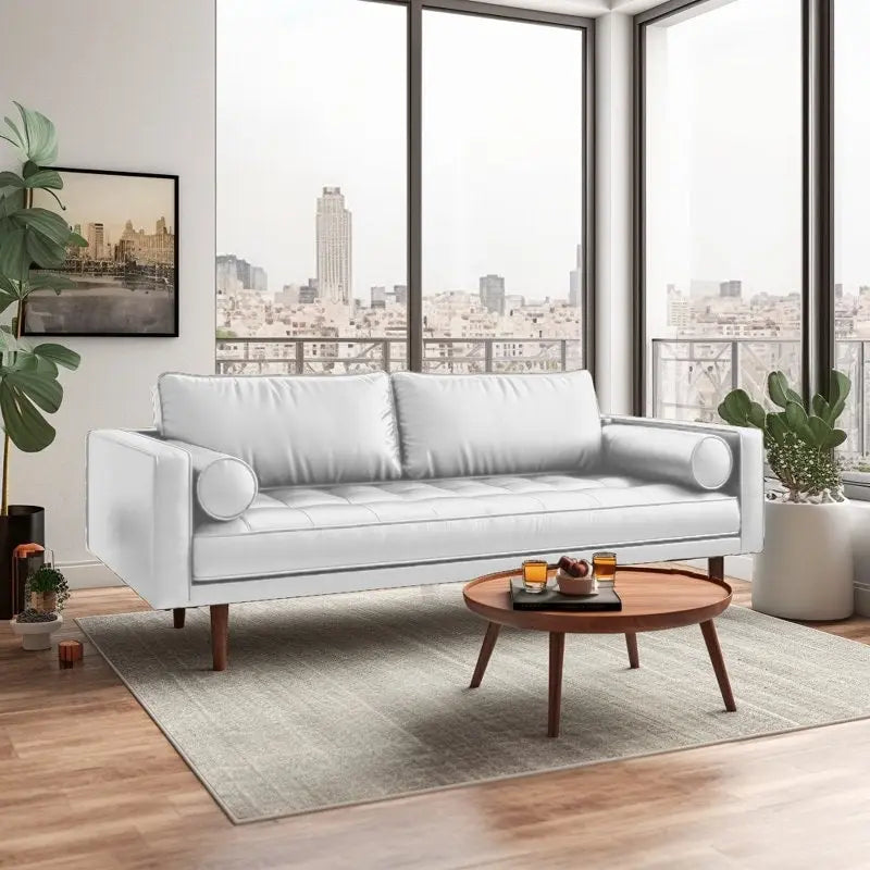 Canapé 3 places en similicuir noir/blanc/marron/gris de style Mid-Century, avec accoudoirs carrés et pieds coniques