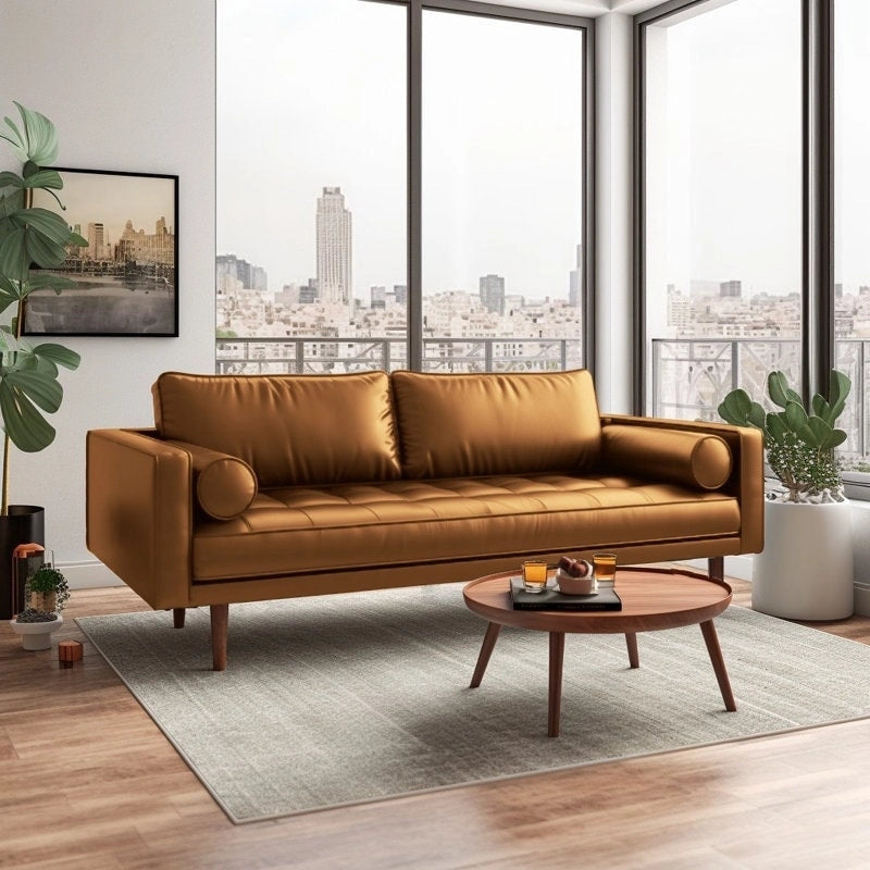 Canapé 3 places en similicuir noir/blanc/marron/gris de style Mid-Century, avec accoudoirs carrés et pieds coniques