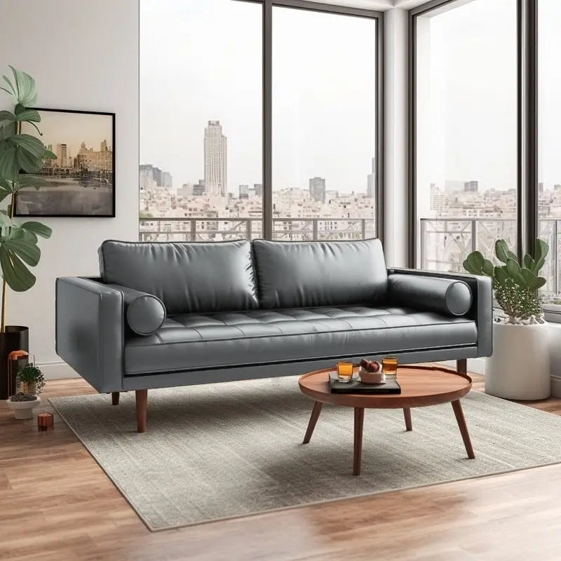Canapé 3 places en similicuir noir/blanc/marron/gris de style Mid-Century, avec accoudoirs carrés et pieds coniques