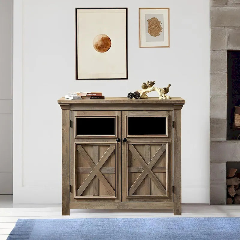Buffet de salle à manger 2 portes Espresso avec portes en verre et étagères réglables