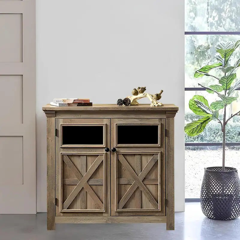 Buffet de salle à manger 2 portes Espresso avec portes en verre et étagères réglables